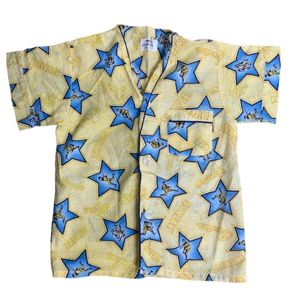 Vintage 60s Baseball Short Sleeve Pajama Top 12 Yellow Perm Press Boys